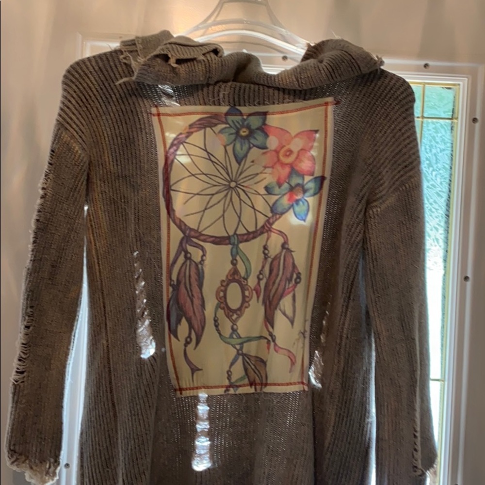 Long distressed dream catcher sweater with hood
